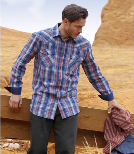 Men's Western Checked Shirt - Blue Burgundy Beige