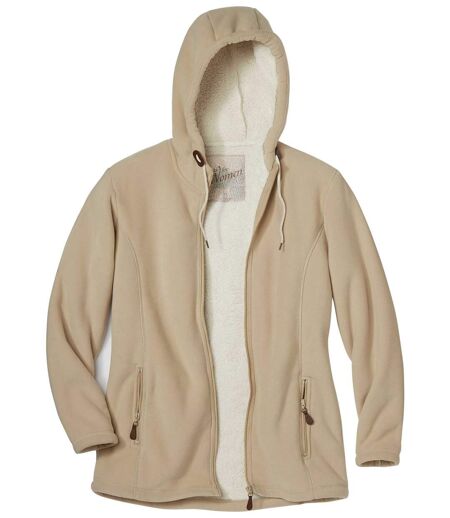 Women's Hooded Beige Jacket - Coral Fleece Lining