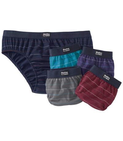 Pack of 5 Men's Striped Briefs - Navy Turquoise Grey Purple Burgundy
