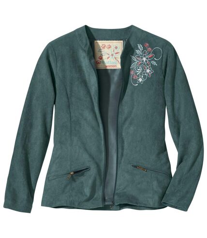 Women's Full Zip Embroidered Faux-Suede Jacket - Green