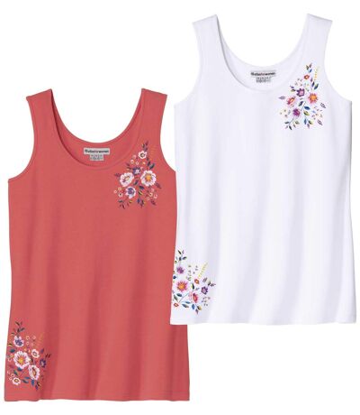 Pack of 2 Women's Vest Tops - Coral White 