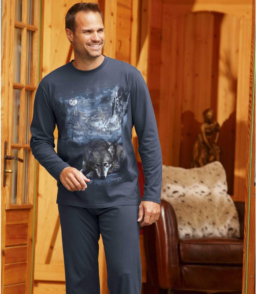 Men's Wolf Print Long Cotton Pajamas Atlas For Men