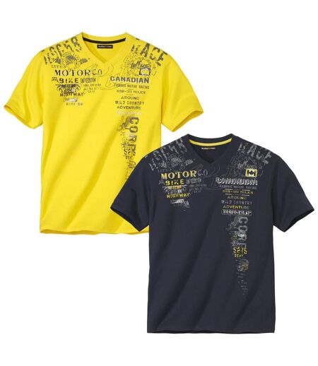 Pack of 2 Men's Graphic Print T-Shirts - Yellow Navy