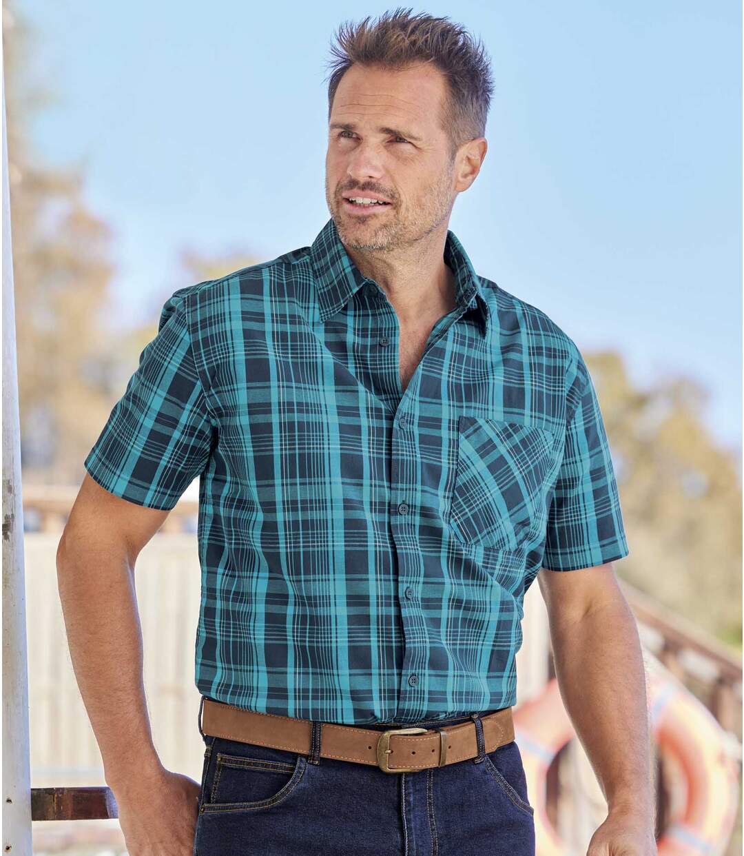 Men's Stretch Green Checked Shirt - Short-Sleeved | Atlas For Men