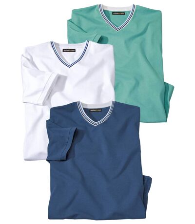 Pack of 3 Men's V-Neck Summer T-Shirts - White Blue Turquoise