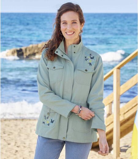 Women's Embroidered Safari Jacket - Aqua Blue
