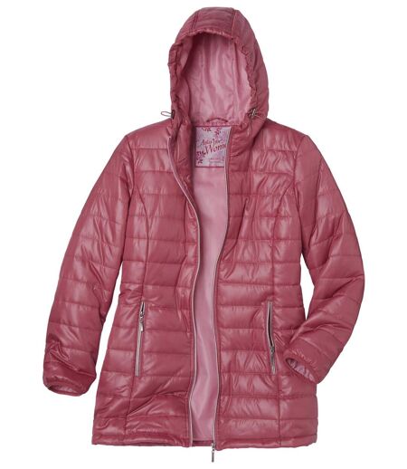 Women's Long Pink Padded Coat with Hood - Water Repellent