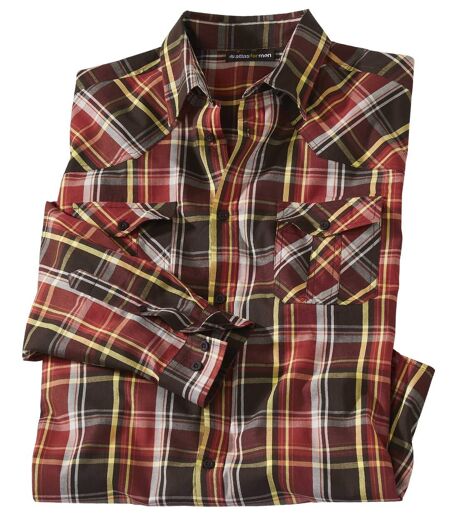 Men's Red & Brown Poplin Checked Shirt - Long Sleeves