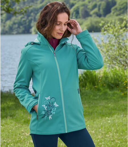 Women's Green Softshell Hooded Jacket - Water-Repellent