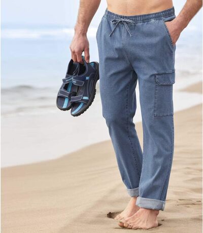 Men's Blue Denim Cargo Trousers - Elasticated Waist