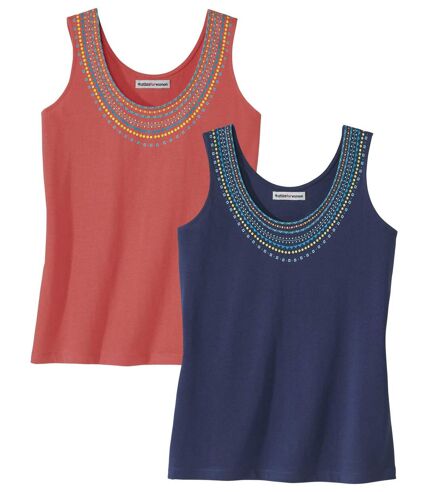 Pack of 2 Women's Jewellery Print Vest Tops - Navy, Coral 