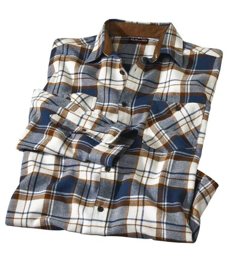 Men's Casual Checked Flannel Shirt - Navy, Brown, Ecru