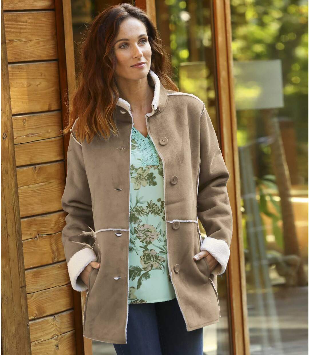 Women's Sherpa-Lined Faux-Suede Coat - Light Brown-2