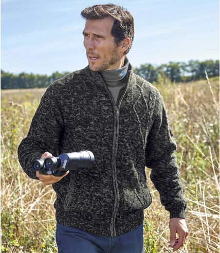 Men's Fleece-Lined Full Zip Knitted Jacket - Dark Grey Marl