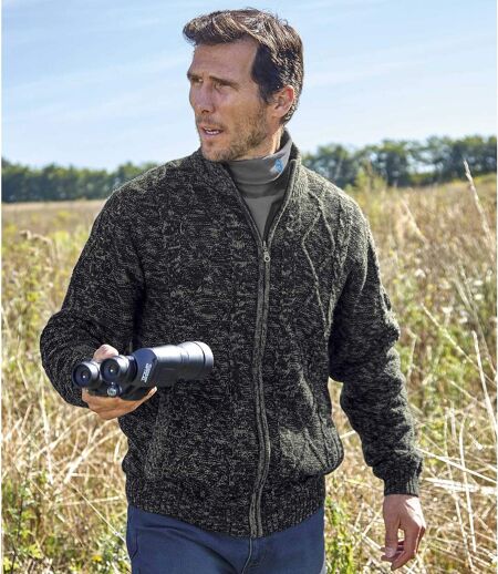 Men's Fleece-Lined Full Zip Knitted Jacket - Dark Grey