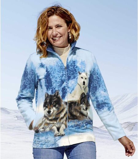 Women's Blue Wolf Print Fleece Jacket