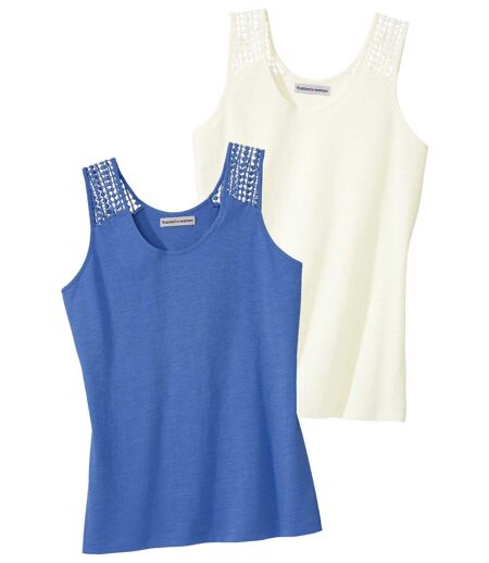 Pack of 2 Women's Macramé Vest Tops - Blue Off-White