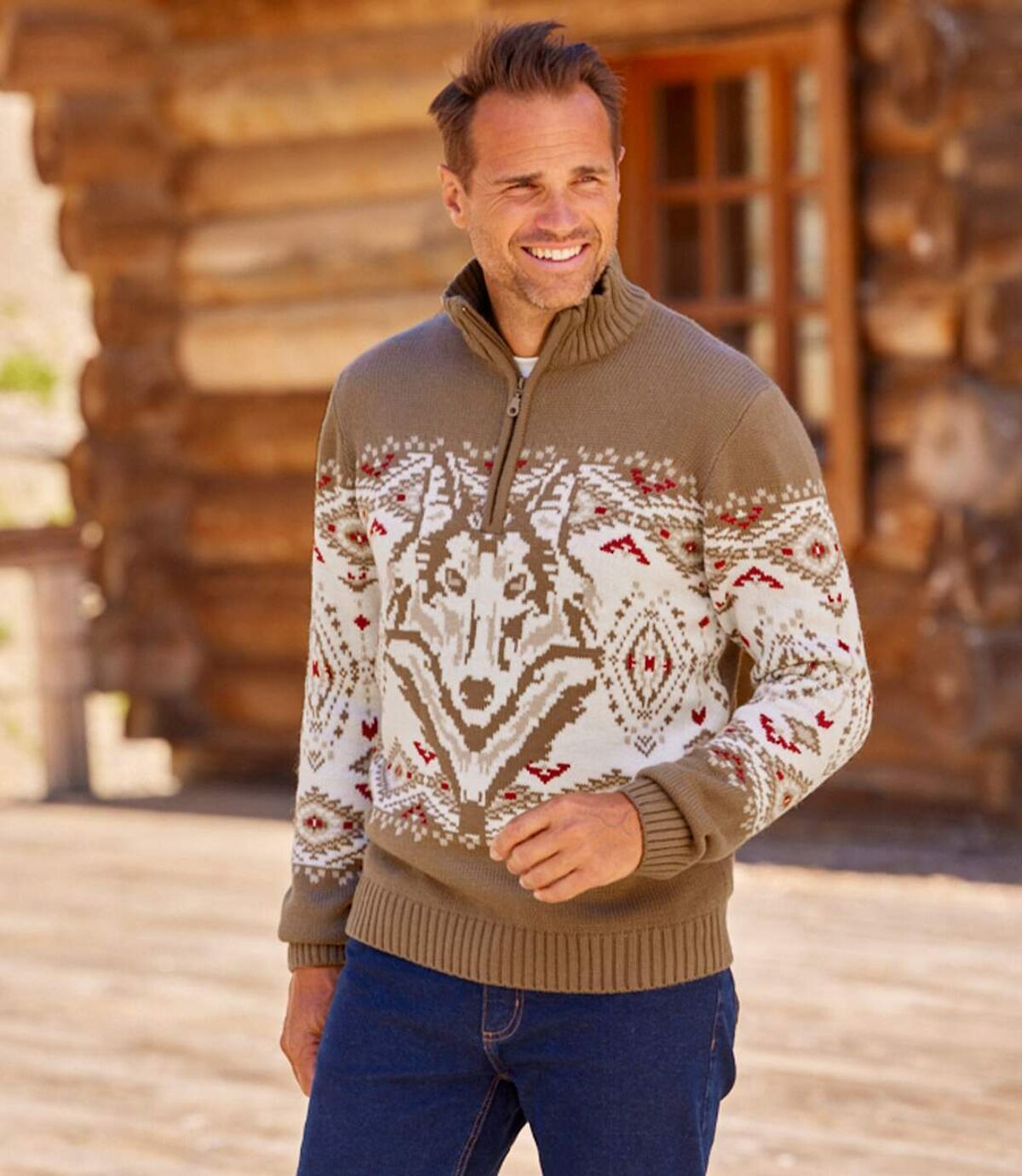 Sweter z wykładanym kołnierzem i motywem wilka Atlas For Men