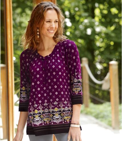 Women's Aztec-Print Tunic Top with Three-Quarter Length Sleeves