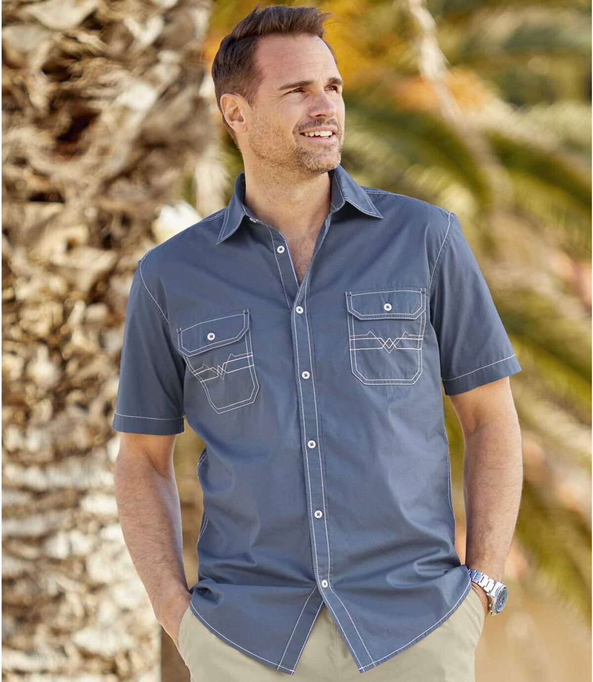 Men's Blue Short-Sleeved Poplin Shirt | Atlas For Men