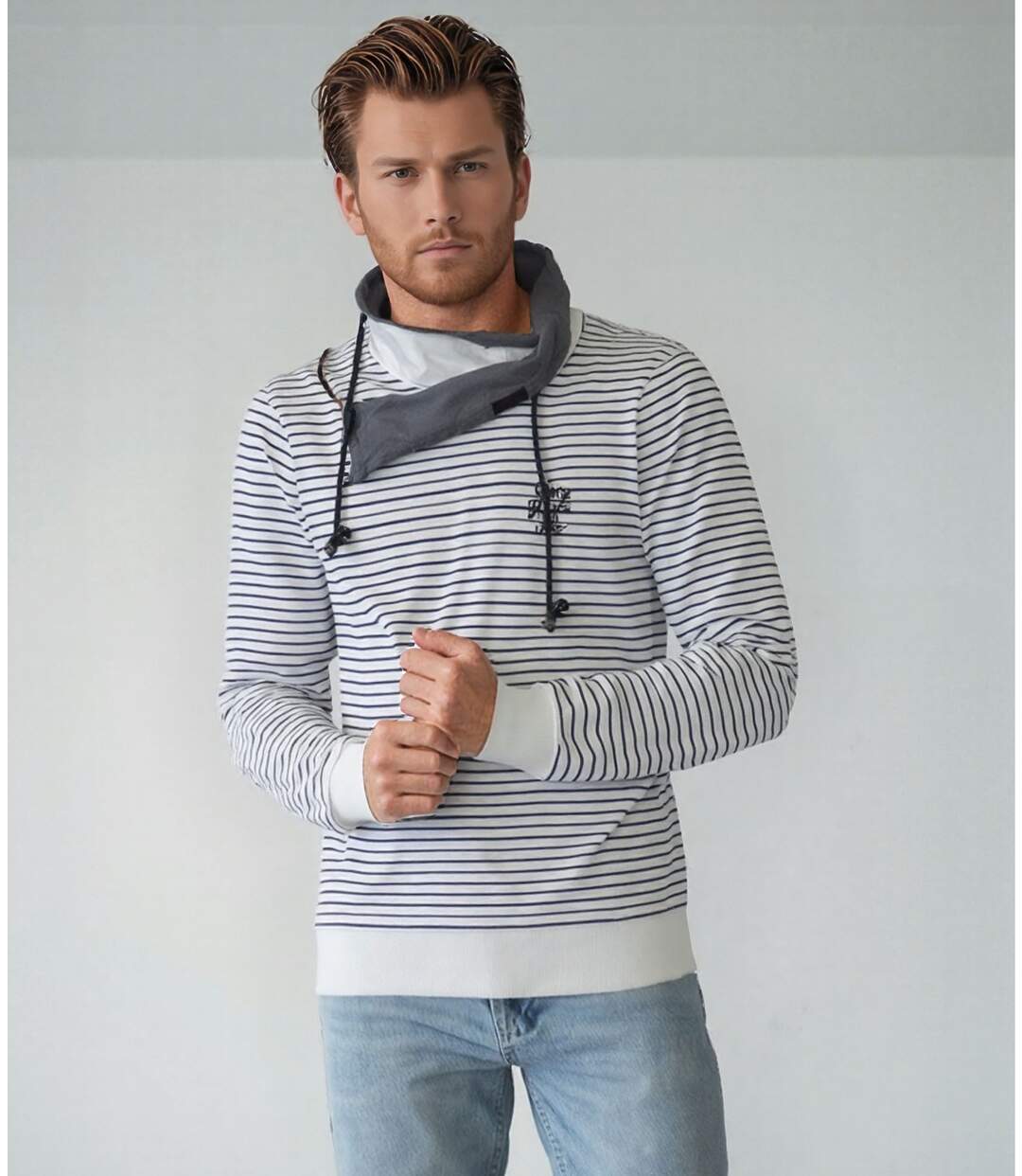 Sweat à  rayures pour homme avec col snood - Manches longues, 100% coton-3