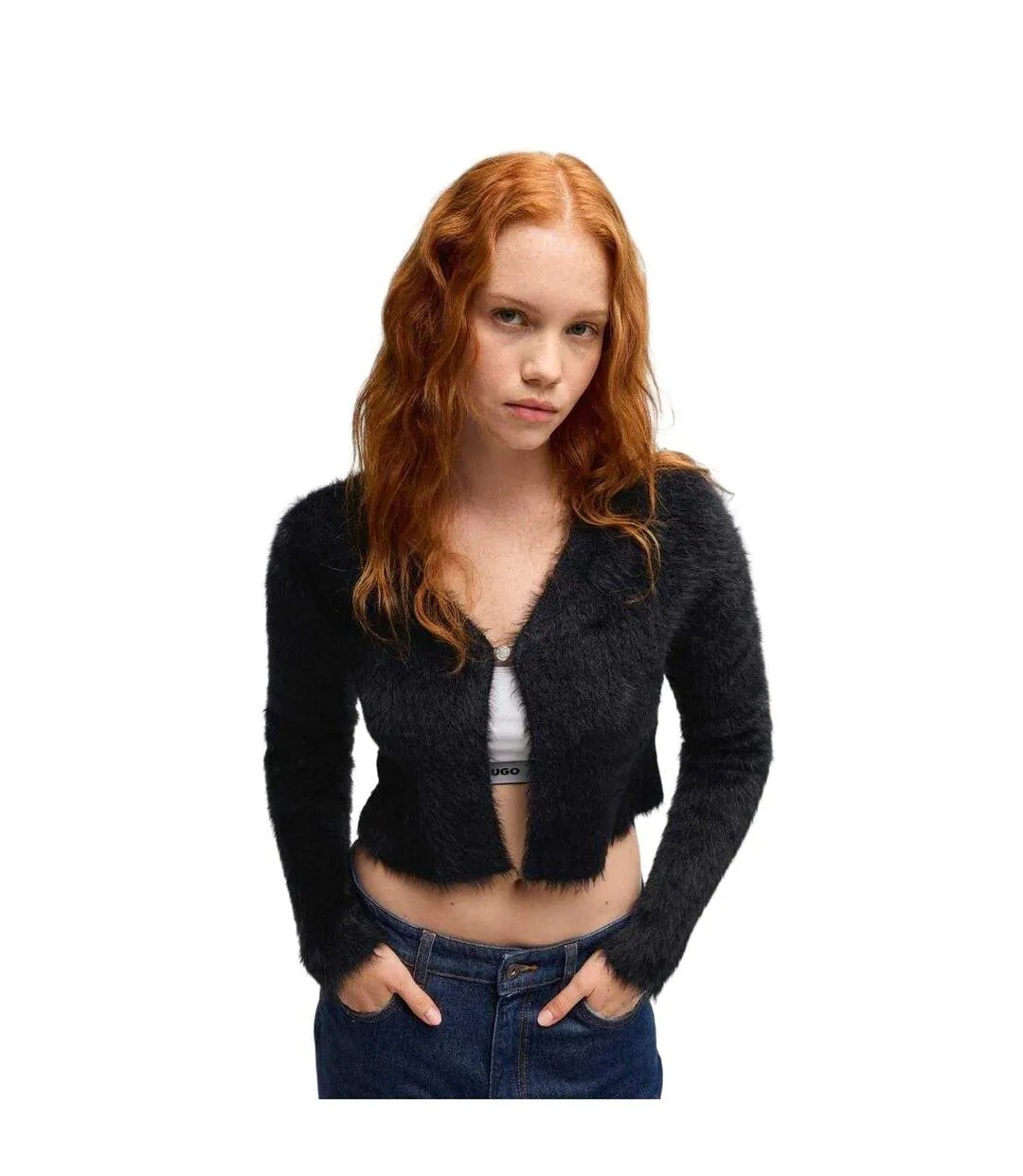 Womens/ladies Cropped Relaxed Fit Long-sleeved Cardigan Black Hugo-2