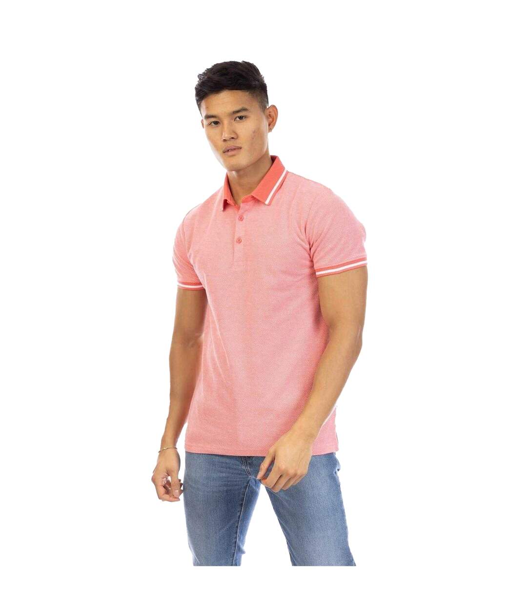 Mens Textured Short-sleeved Polo Shirt Pink Peter Werth-2