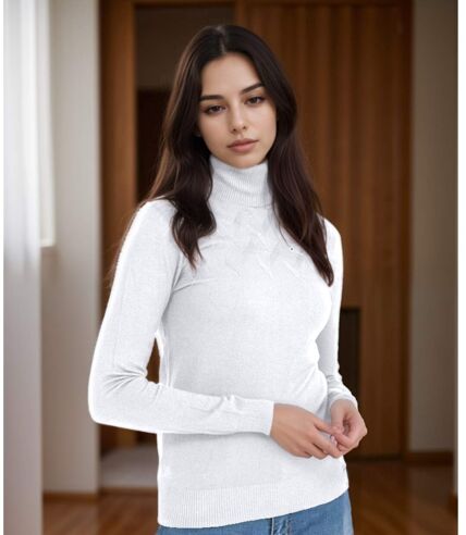 Pull femme manches longues - Col roulé - Couleur blanc