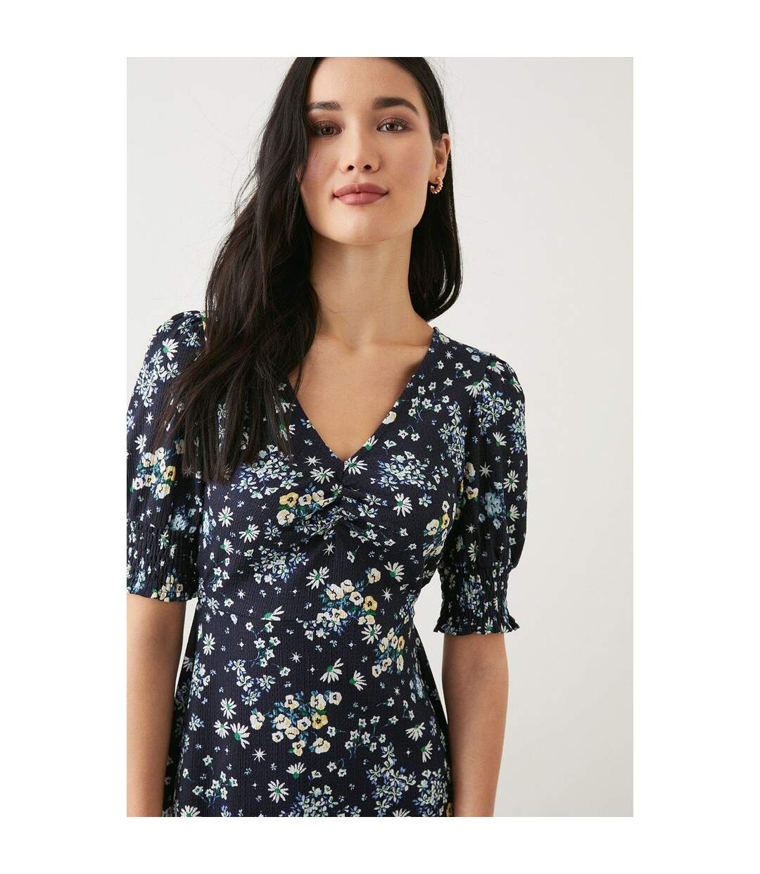 Womens/ladies Ditsy Print Shirred Cuff Petite Midi Dress Blue Dorothy Perkins-3