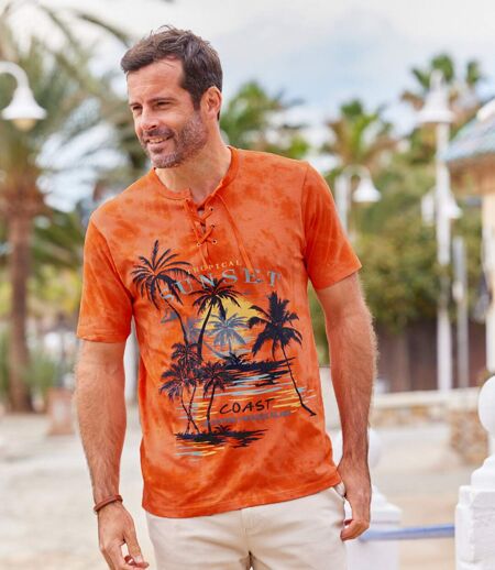 Tropical Sunset nyomtatott mintájú, fűzős nyakú póló