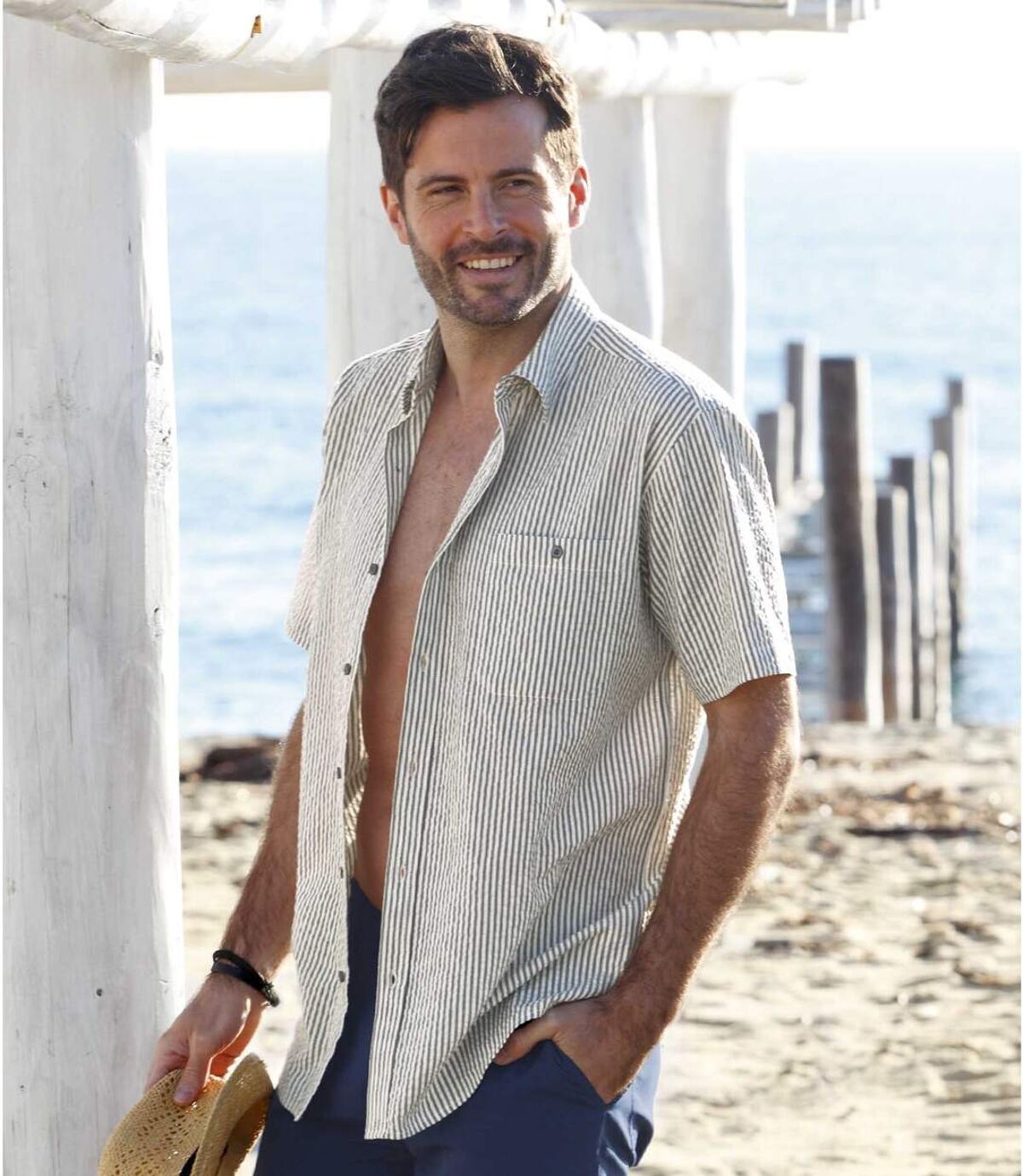 Men's Striped Textured Cotton Shirt - Gray, Ecru Atlas For Men