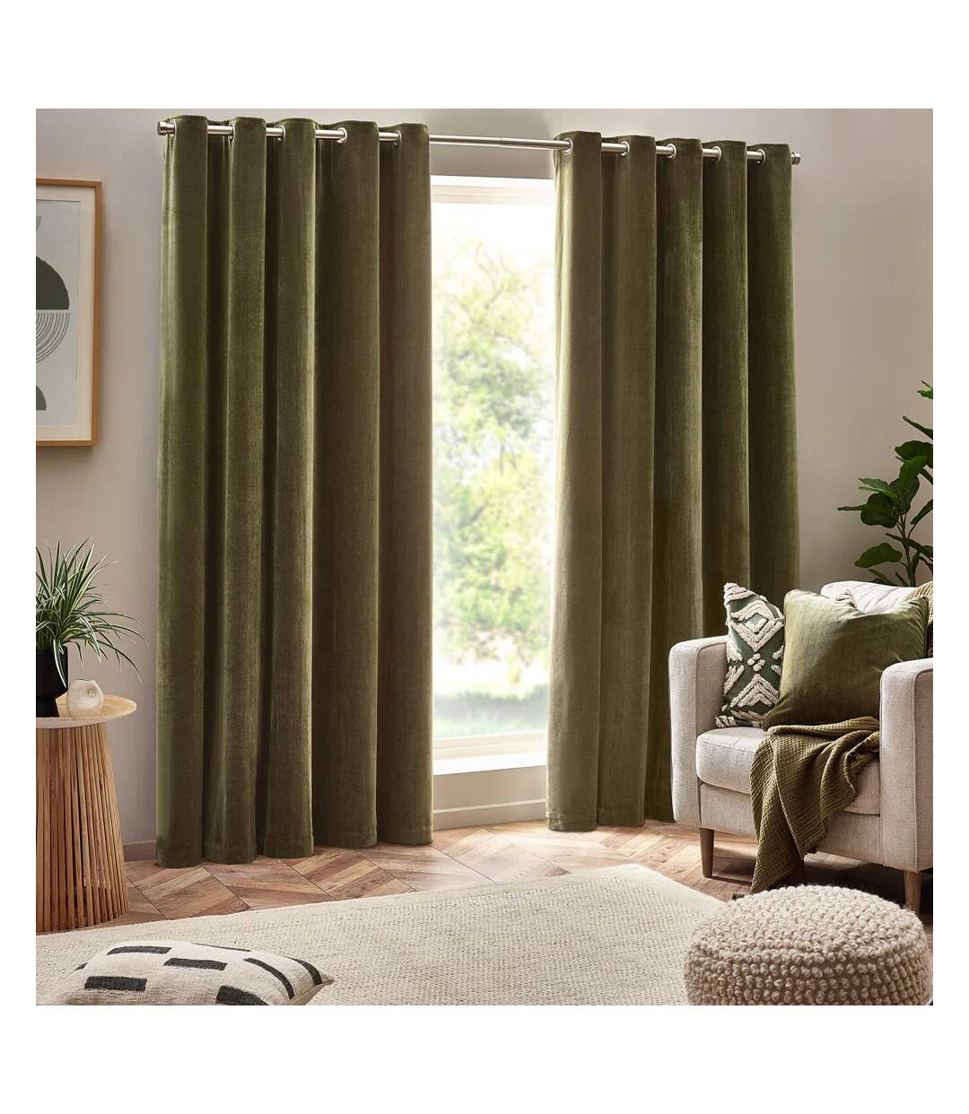 Chenille velvet eyelet curtains 229cm x 229cm olive Yard-1