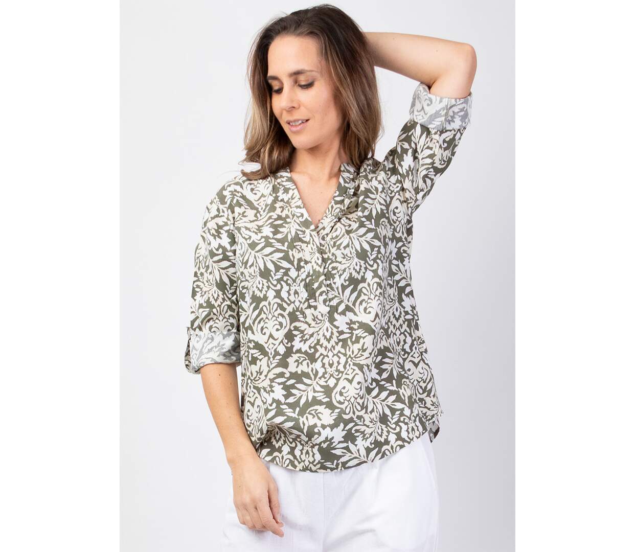 Top mi-saison style chemisier en viscose ASHLEY motif ethnique kaki Coton Du Monde-2