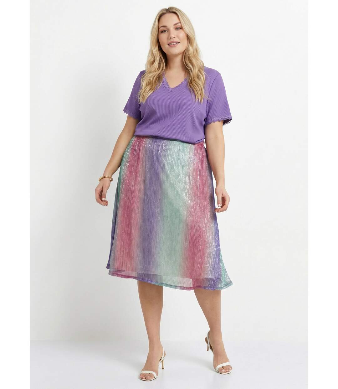 Jupe évasée mi longue brillante taille élastiquée-3