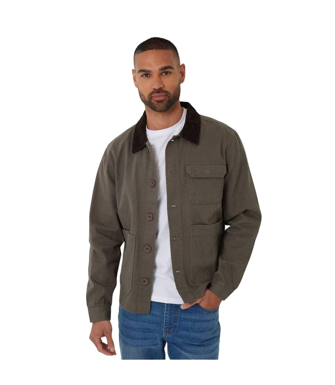 Mens Corduroy Utility Jacket Khaki Green Threadbare-2