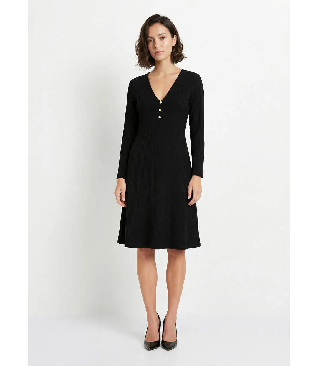 Robe unie courte col V en maille côtelée-1