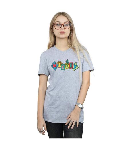Disney Femme/Ladies Mickey Mouse Fruit Blocks Cotton Boyfriend T-Shirt (Gris sportif) - UTBI37046