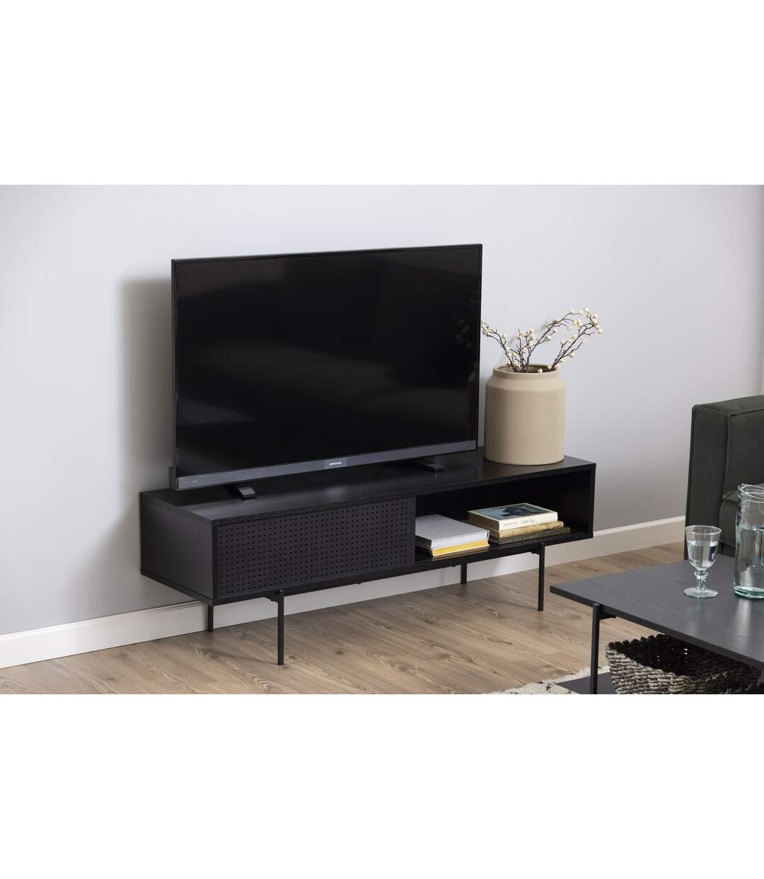 Meuble TV en MDF et Métal avec 1 porte coulissante - Noir-5