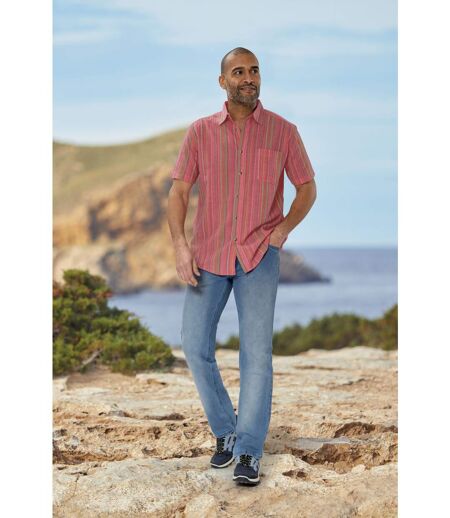 Men's Short Sleeve Striped Shirt - Coral