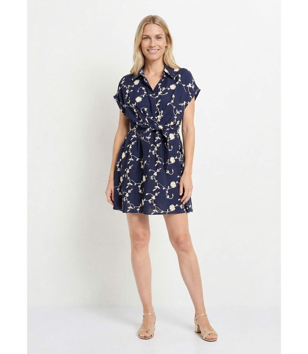 Robe courte taille nouée, fleurs brodées-1
