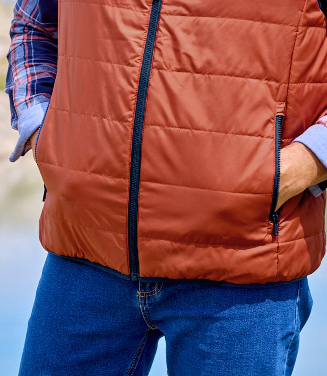 Men's Reversible Water-Repellent Padded Vest - Orange Navy