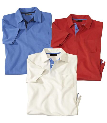Pack of 3 Men's Plain Polo Shirts - Blue Red Off-White