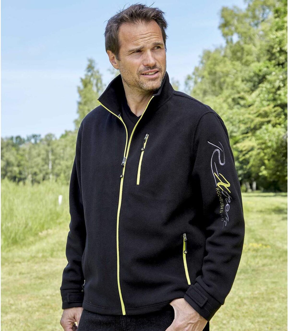Men's Black Full Zip Fleece Jacket - Yellow Contrasting Details Atlas For Men
