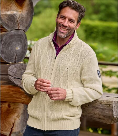 Men's Beige Mottled Knit Jacket - Full-Zip