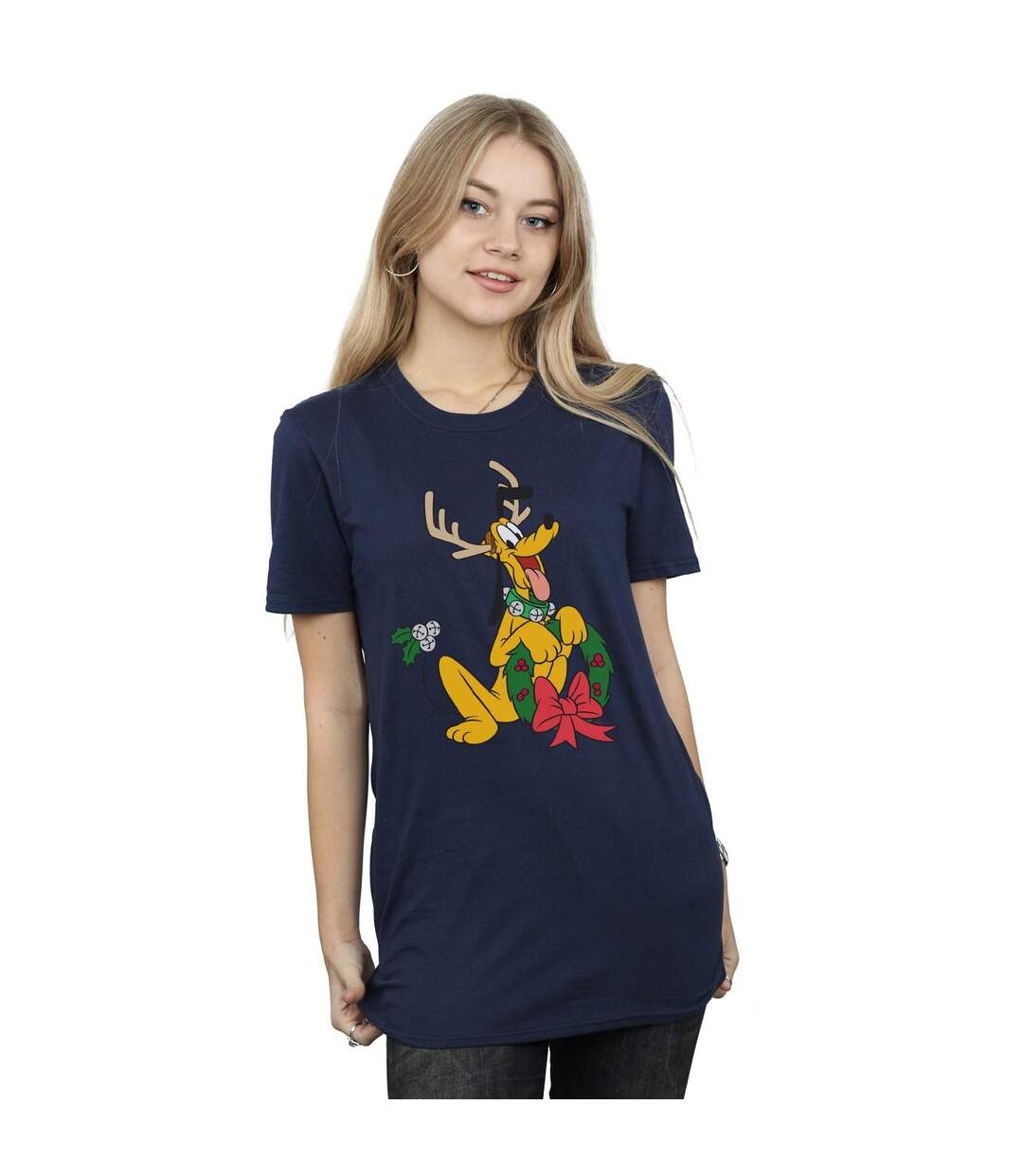 Disney Femme/Les femmes Pluto Christmas Reindeer Cotton Boyfriend T-Shirt (Bleu marine) - UTBI37773-2