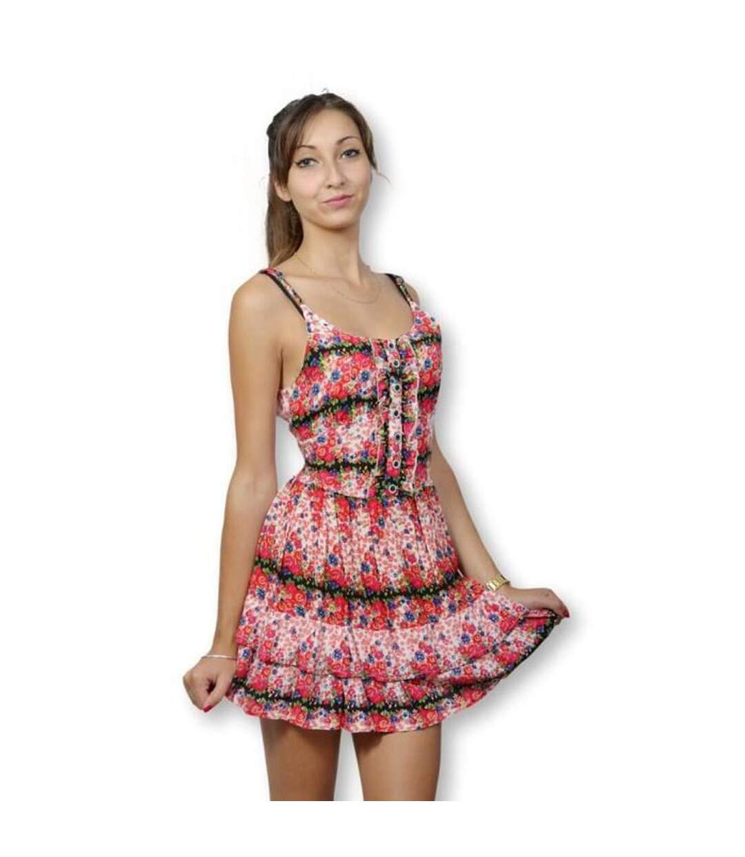 Robe tunique femme à bretelles au tissus imprimée multicouleur-1