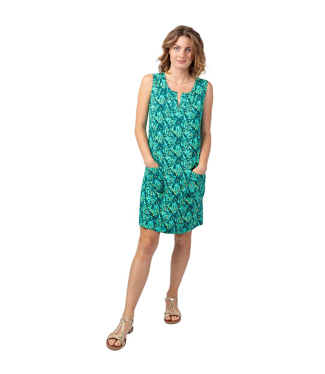 Robe coton du monde MARLA sans manches imprimé tropical vert Coton Du Monde