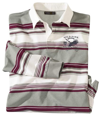 Men's Striped Eagle Print Polo Shirt - Grey Burgundy