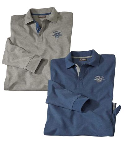 Pack of 2 Men's Long Sleeve Piqué Polo Shirts - Mottled Blue and Gray
