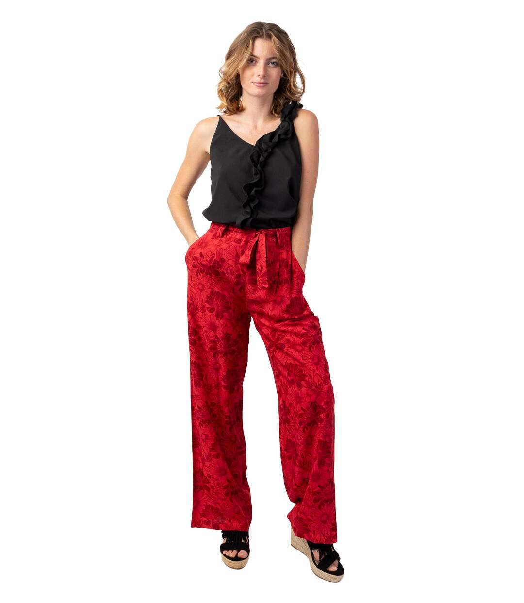 Pantalon femme fluide habillé MELODY rouge imprimé fleuri Coton Du Monde-1